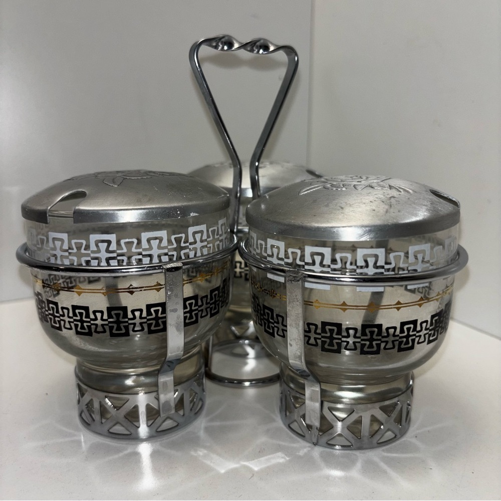 Libbey vintage 50s condiment caddy with embossed lids